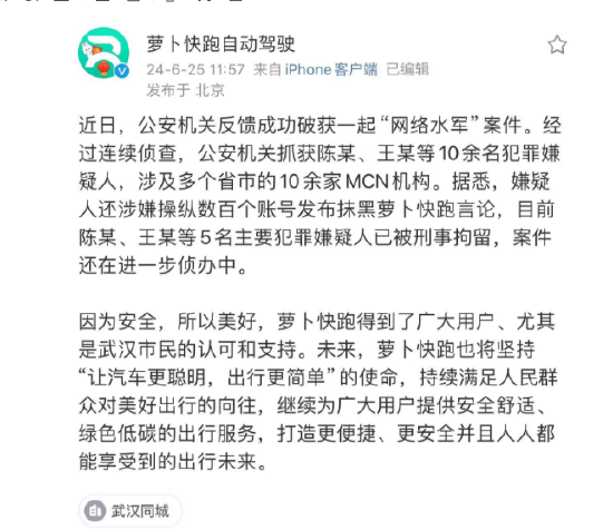 百度：涉嫌造谣萝卜快跑，10名犯罪嫌疑人落网